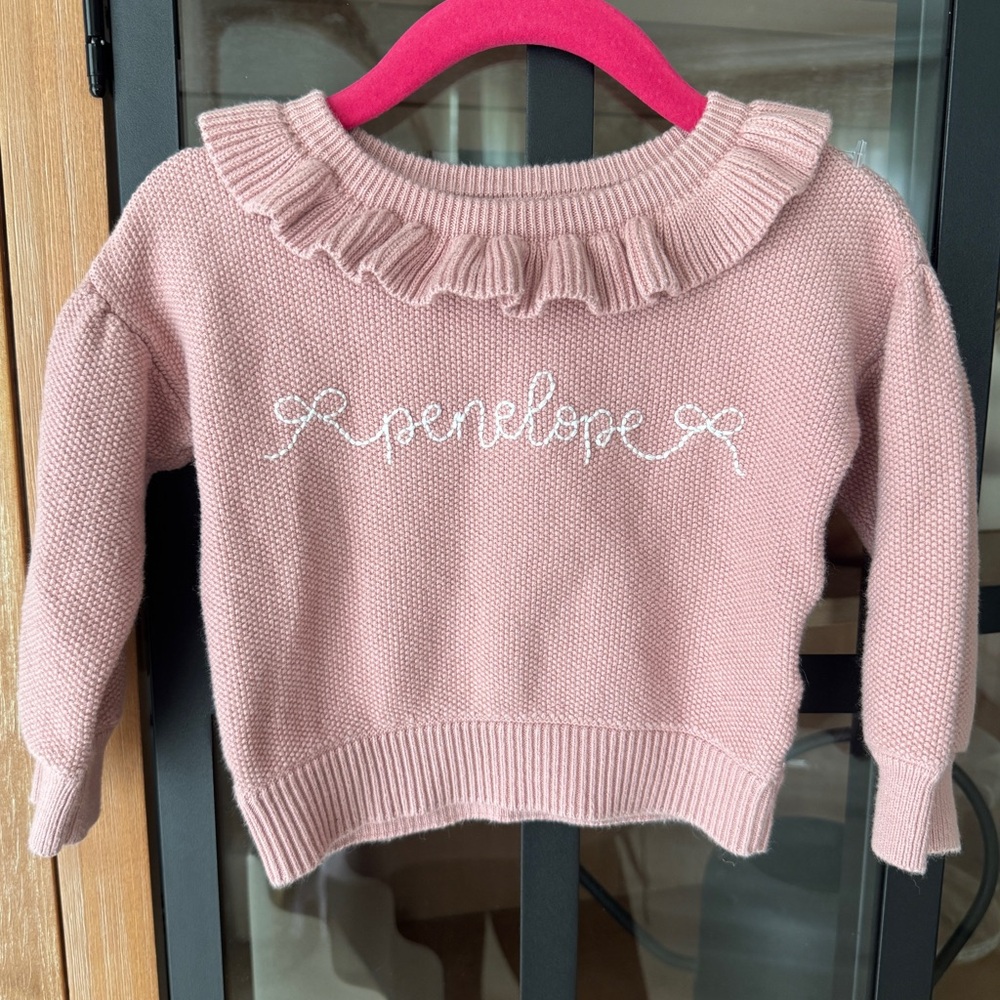 Penelope embroidered sweater monogrammed knit blush pink baby girl bows cotton